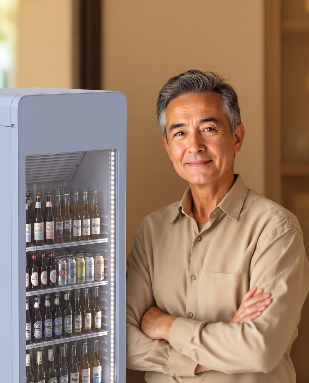 Store owner next to a Sensify cooler with an E1 node